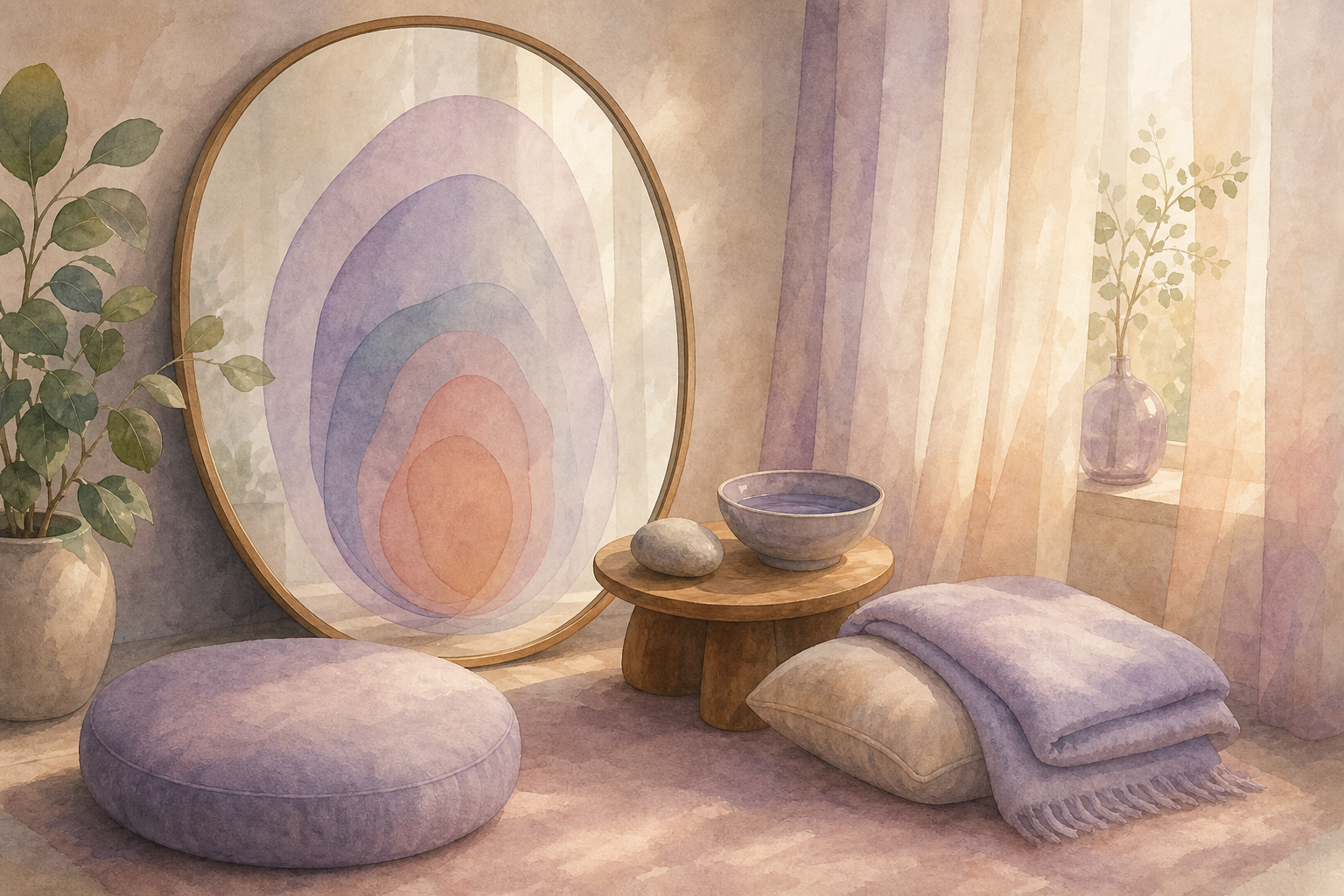 A quiet lavender room with a rounded mirror, layered colours, water, a smooth stone, and a folded blanket.