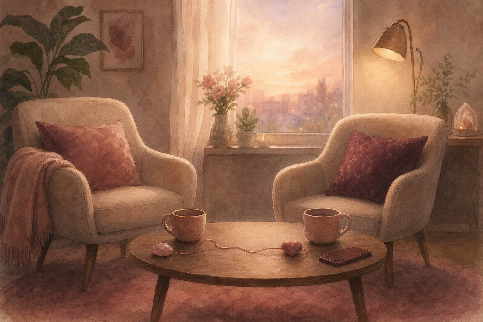 Two warm chairs facing each other across tea, a resting phone, and a rose-coloured thread.