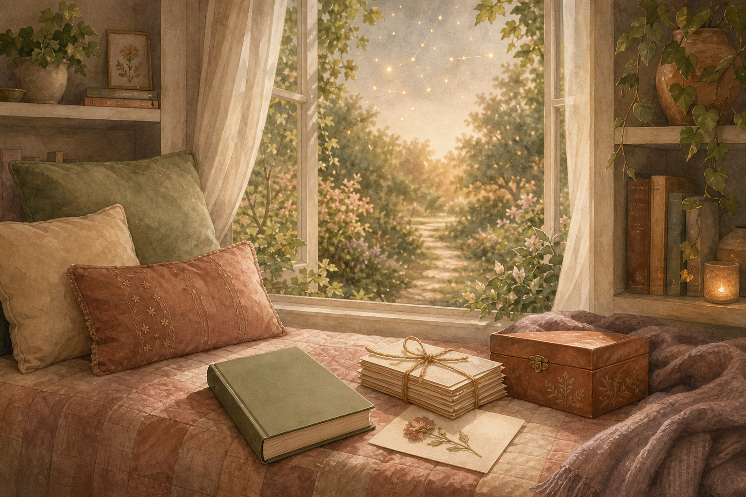 A cosy window seat with a book, postcards, a keepsake box, a pressed flower, and a garden path.