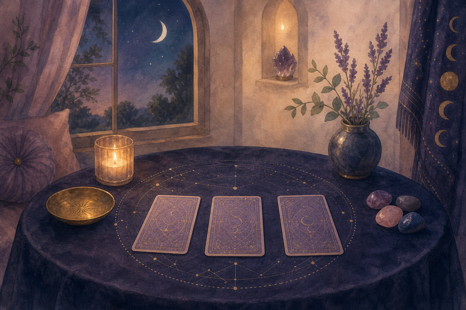 A moonlit reading alcove with three face-down cards, candles, a subtle star chart, and polished stones.