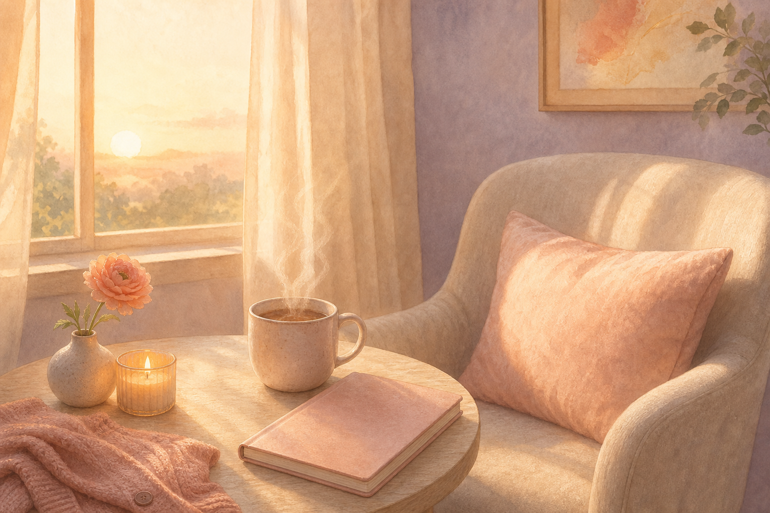 Sunlit chair beside a table with tea, a candle, a flower, and a journal.