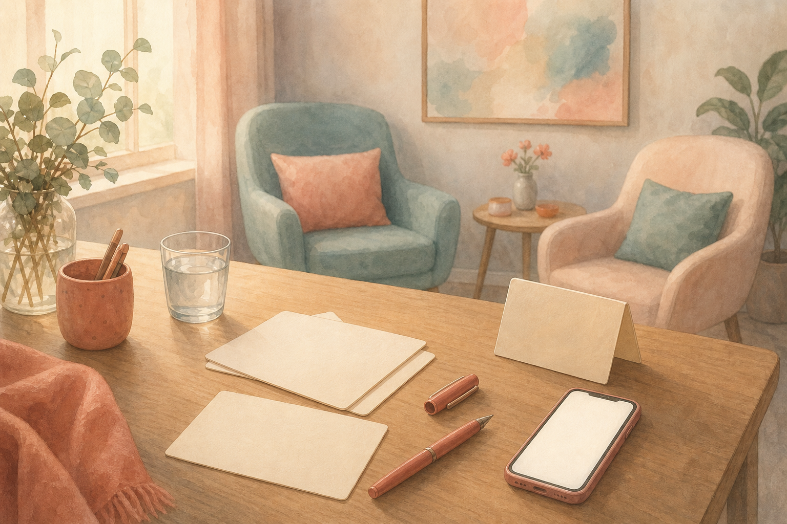 A calm writing table with blank cards, a pen, water, a resting phone, and two conversation chairs.